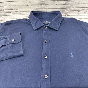 Polo Ralph Lauren Button Up Shirt Men 2XL Navy Blue Knit Dress Shirt Long Sleeve